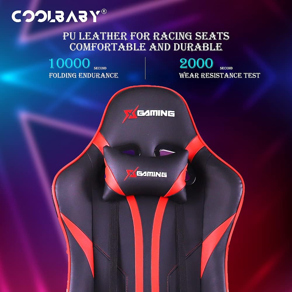 COOLBABY Gaming Chair LED Light Racing Chair,Ergonomic Office Massage Chair,Lumbar Support and Adjustable Back Bench,Bluetooth Speaker…