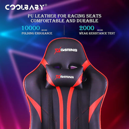 COOLBABY Gaming Chair LED Light Racing Chair,Ergonomic Office Massage Chair,Lumbar Support and Adjustable Back Bench,Bluetooth Speaker…