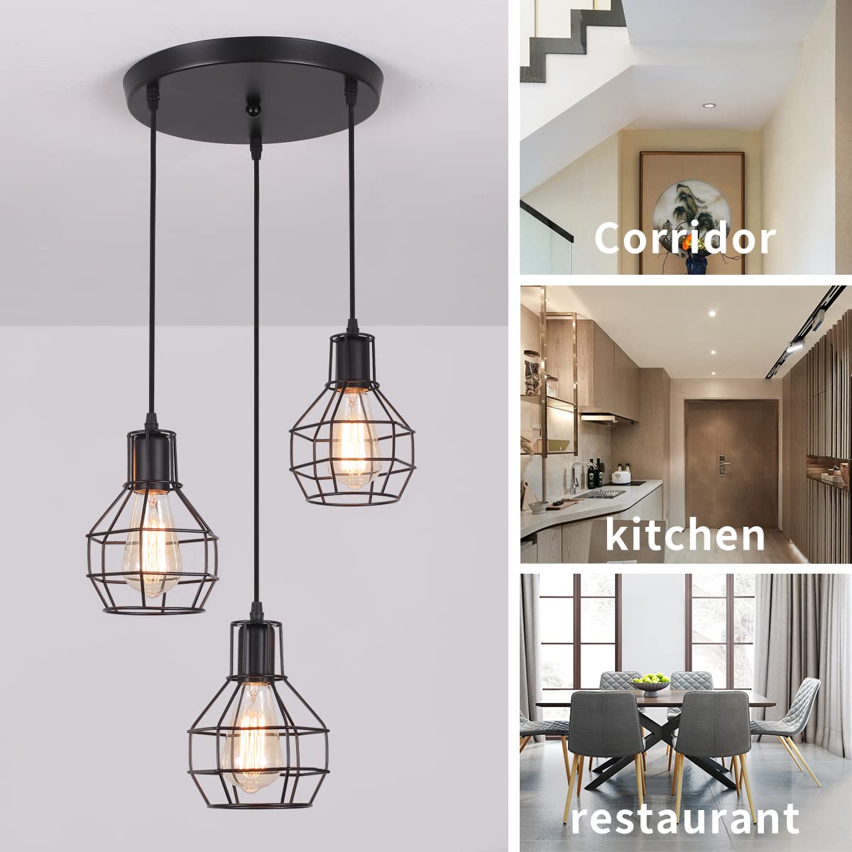 Ganeed Industrial Pendant Light, 3-Light Vintage Chandeliers Hanging Pendant Lighting Fixtures, Adjustable Height Pendant Ceiling Lamp with Metal Cage for Kitchen Living Dining Room Bedroom Hallway