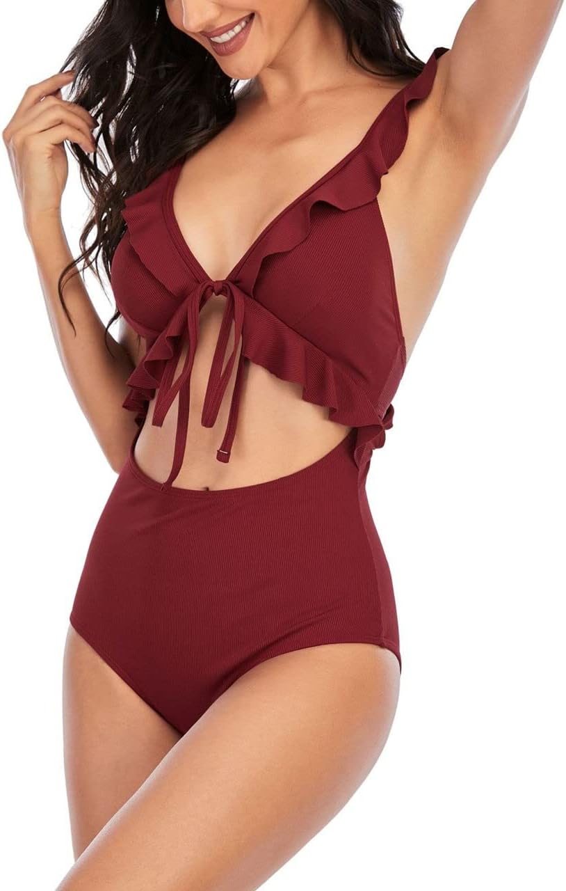 Women's One Piece Swimsuit Slimming V Neck Bathing Suit Sexy Cutout Ruffled Lace Up Swimwear Monokini High Waisted Tummy Control Swimming Suits