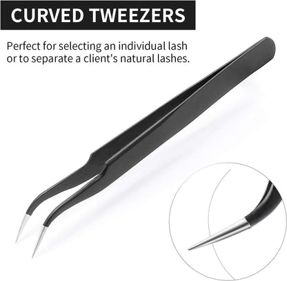 Professional Tweezers for Eyelash Extension - Straight and Curved Pointed Tweezers - Stainless Steel Precision Tweezers set - 2 Pcs - Black