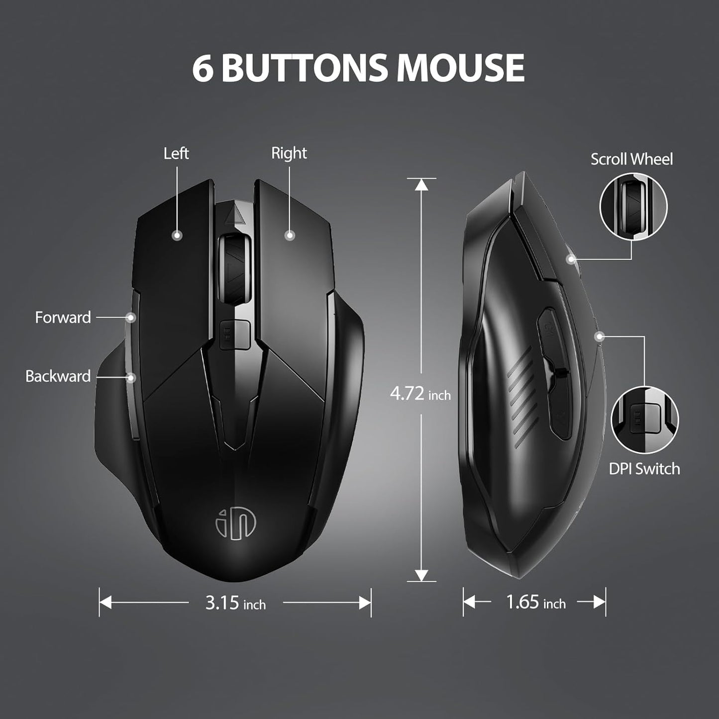 INPHIC Wireless Mouse, [Upgraded: Battery Level Visible] Large Ergonomic Rechargeable 2.4G Optical PC Laptop Cordless Mice with USB Nano Receiver, Black