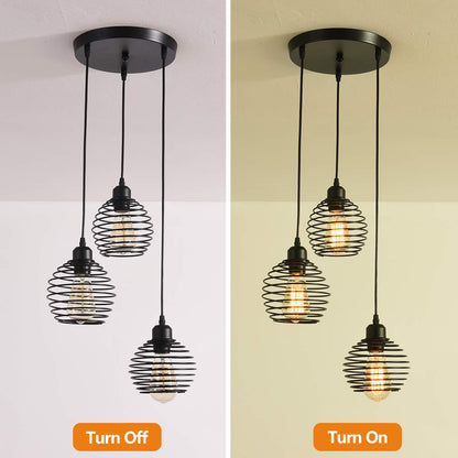 Ganeed Industrial Pendant Light, 3-Light Vintage Chandeliers Hanging Pendant Lighting Fixtures, Adjustable Height Pendant Ceiling Lamp with Metal Cage for Kitchen Living Dining Room Bedroom Hallway