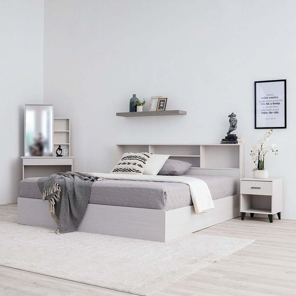 Danube Home Gamorah 5 Pieces Bed Set King Size, Night Stand, Dresser And Stool with Mirror, Wood Washed White 180x200cm