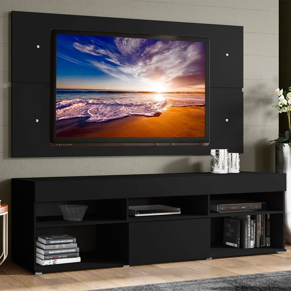 MADESA TV Stand with panel, for TVs up to 65 Inches, Wood, 180 x 157 x 40 Cm – Black