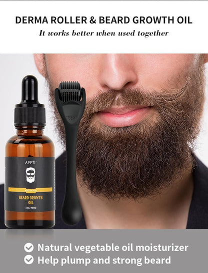 Beard Growth Oil Kit – Beard Roller for Hair Growth for Men - Biotin Beard Growth Oil - Beard Roller Beard Kit for Thickening and Conditioning Beards