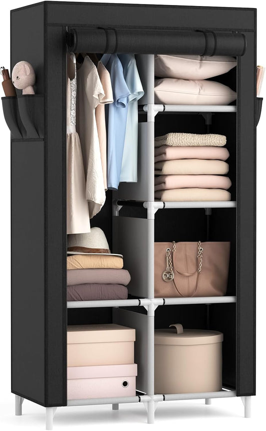 ROJASOP Portable Closet Wardrobe Closet for Hanging Clothes with 6 Storage Shelves, 1 Hanging Rod and 4 Pockets, Free Standing Closet Clothes Organizer for Bedroom, Sturdy and Easy Assemble