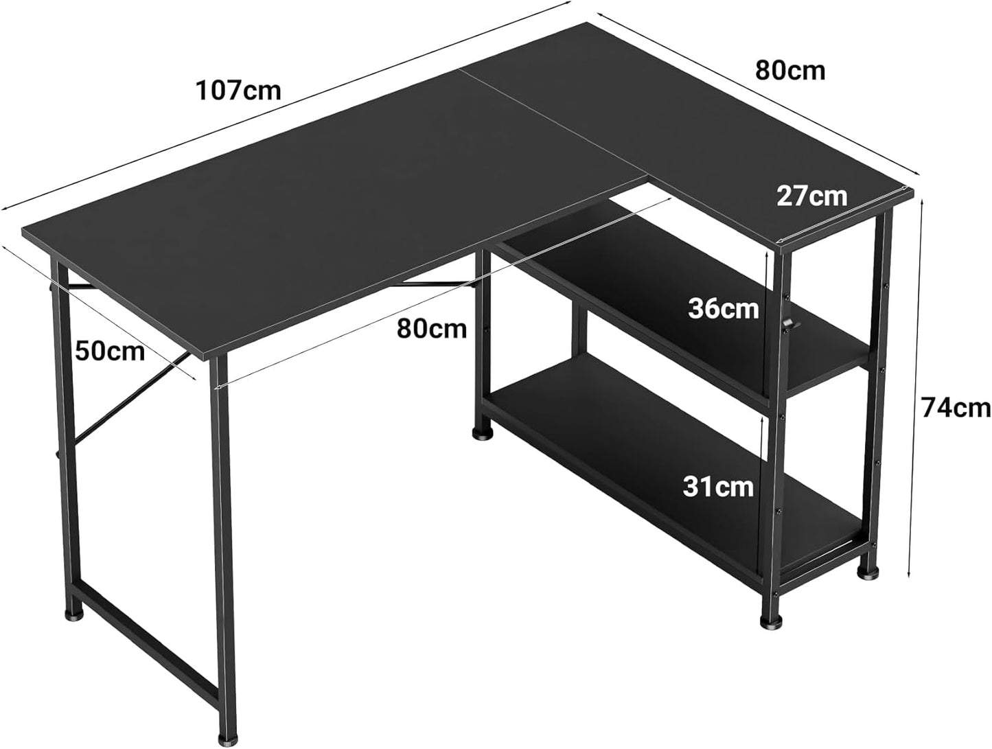 WWI Gaming Desk Office Desk 110cm Computer Desk Study Table Reversible Desk Table with Height-adjustable Shelves to Study and Play (black)