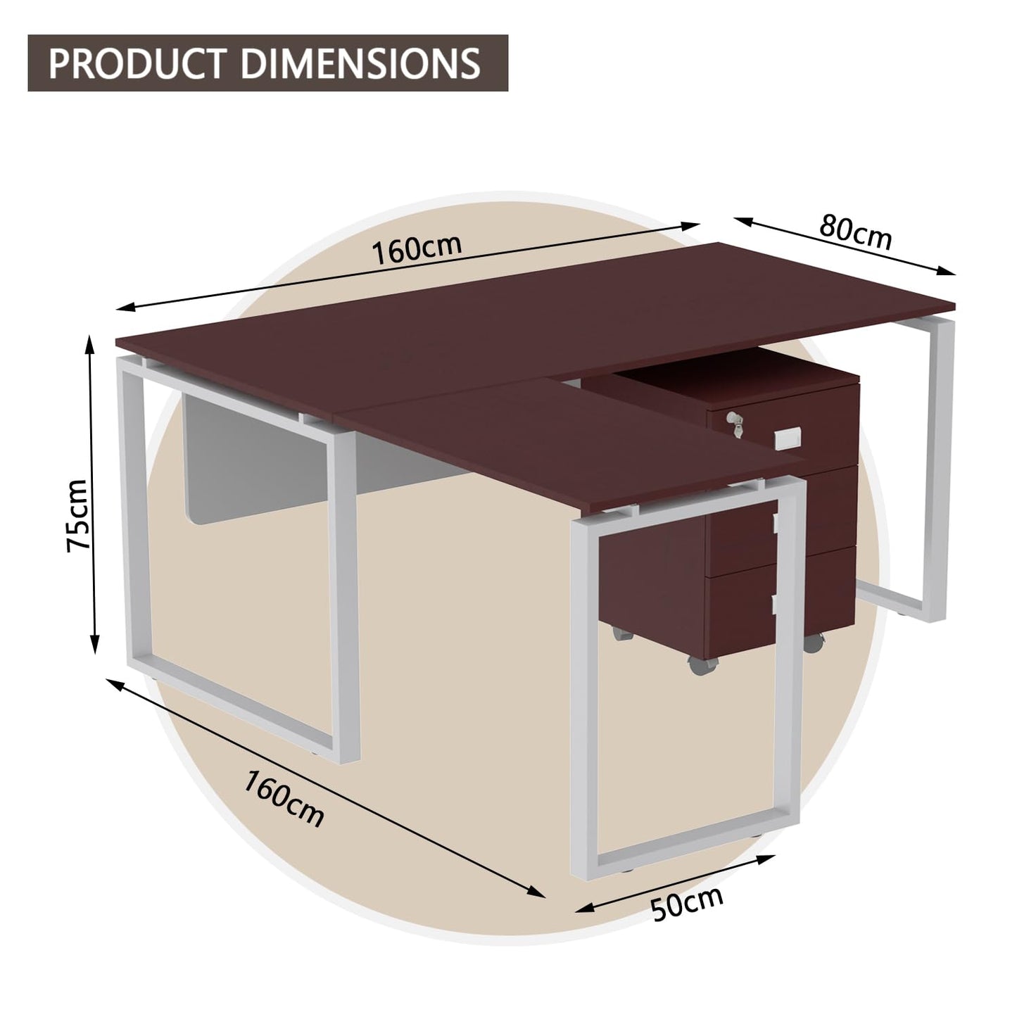 Mahmayi Carre Modern Workstation- Office Furniture with Steel Square Metal Legs, Silver Modesty Panel, Wood 3 Drawer Mobile Storage Unit, Tempered Glass Top for Office Executives, Home (140CM, White)