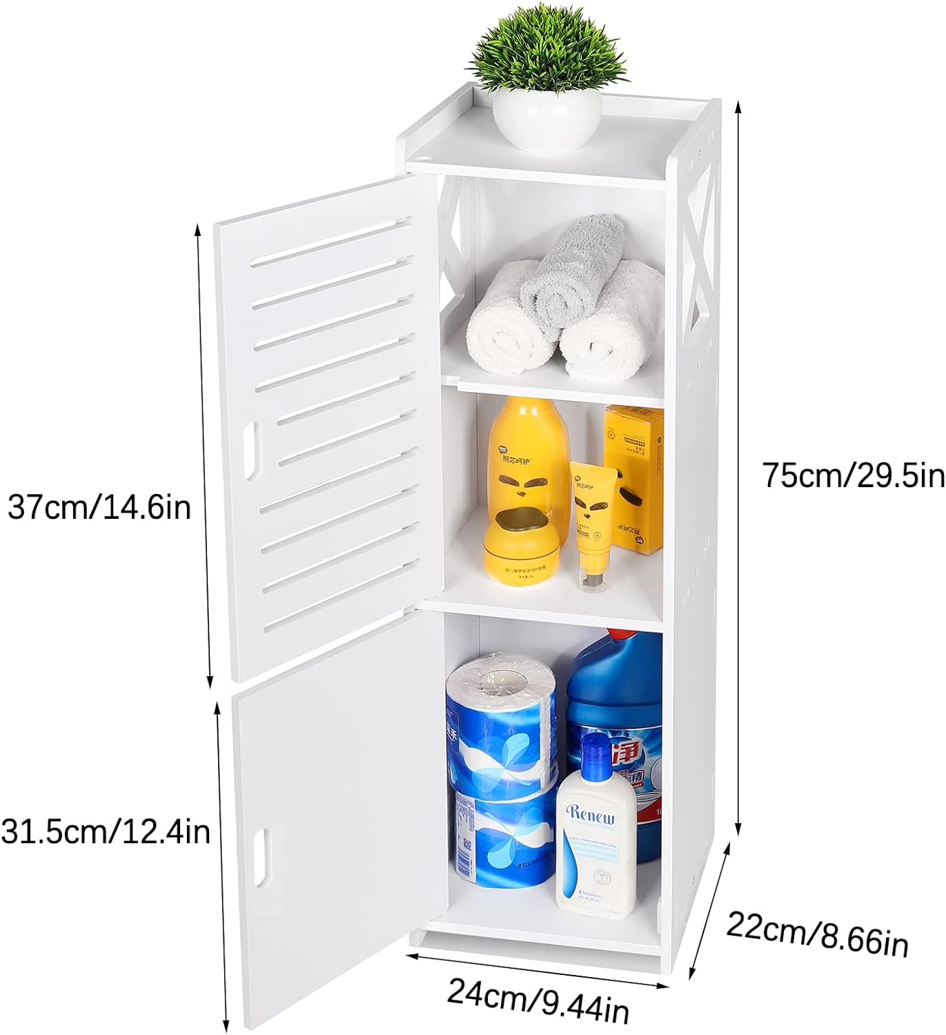 FACOKOLA Bathroom Floor Cabinet Freestanding Double Door 3-Tier Side Storage Organizer Cabinet Cupboard, Multipurpose Cabinet for Home Office,9.45 * 8.66 * 31.45", White…