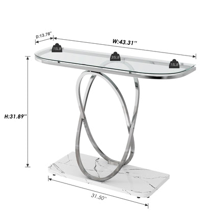 O&K FURNITURE Modern Console Table for Entryway, Glass Entrance Table with Silver Oval Frames and Marble Base, Chrome Glass Sofa Table for Living Room, Entryway, Hallway, Silver, Glass & White Marble