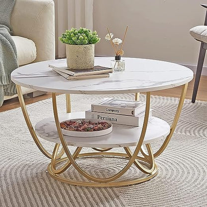 Ereteken ART Round Gold Coffee Table,2 Tier Coffee Tables for Living Room,Circle Coffe Table with Storage Modern Center Tea Table Wooden Faux Marble Top Metal Legs Accent Table (White)