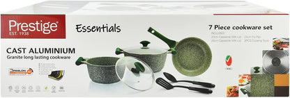 Prestige Essentials Granite 7 Piece Non-Stick Cast Aluminium Cookware sets | Induction Base | Non Stick Aluminium | Granite Casserole | Fry Pan - Green