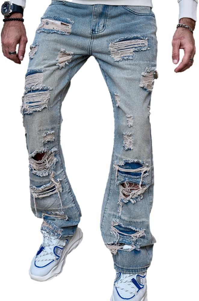 WEIBUMAOYI Men's Loose Fit Pants Relaxed-Fit Men Jeans Washed Oversize Straight Leg Carpenter Jean