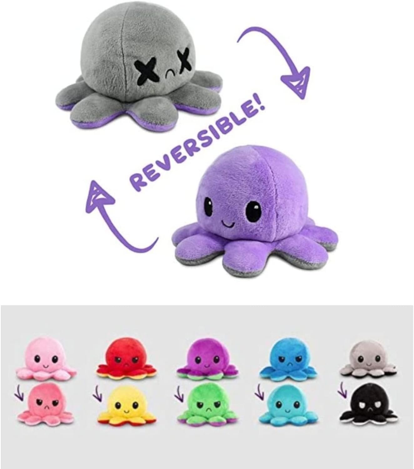 GrabMantra Reversible Octopus Plushie Soft Toys, Double-Sided Flip Stuffed Animal Mood Plush Show Your Mood Without Saying a Word, A Gift for Kids and Decorations | Happy + Angry | (Sunset + Mermaid)