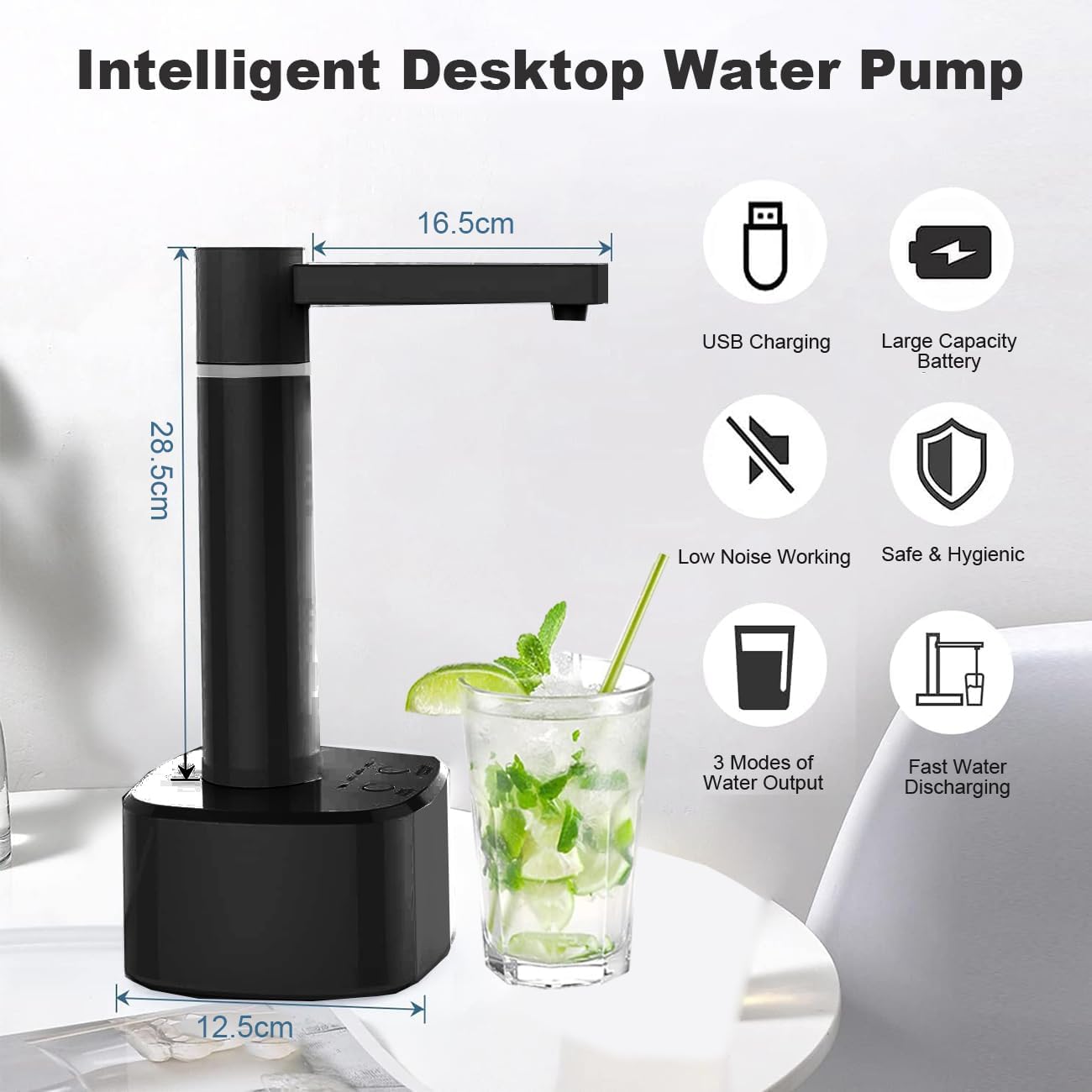 Desktop Water Pump Desk Water Dispenser: Barrel Mounted Water Dispenser for 1-5 Gallon Bottle, Automatic Water Jug Pump with USB Charging, Smart Table Water Dispenser for Home Office Outdoor (Black)