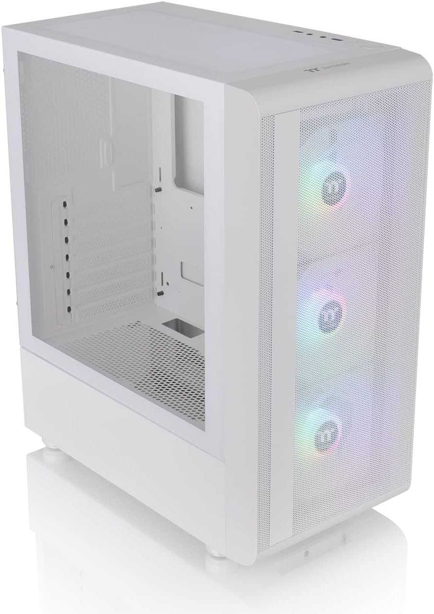 Thermaltake S200 TG ARGB Snow ATX Tempered Glass Mid Tower Gaming Computer Chassis, Mesh Front Panel, Built-in PSU Cover, Three 120mm ARGB Lite Front Fans Pre-Installed - White