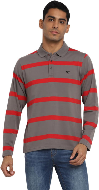 Deniklo Men's Polo Collar Full Sleeves Striped T-Shirt with Embroidery DK 240