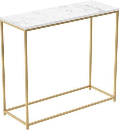 Safdie & Co. - Marble White Console Tables for Entryway, Gold Metal Console Table, Use As Doorway Table, Narrow Bar Table, or Accent Furniture for Decorating Foyer, 31 x 12 x 28 inches