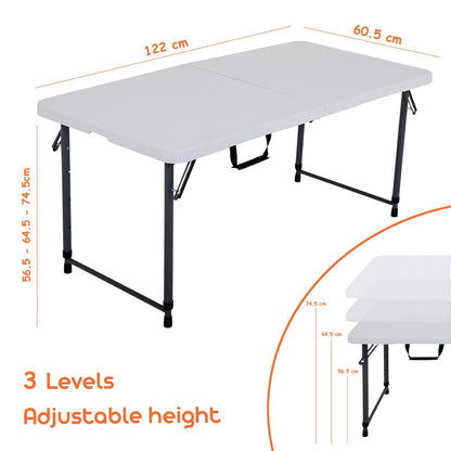 woodandgas outdoors Wood and Gas Portable Folding Plastic Table - 3 Adjustable Heights, HDPE Table Top & Steel Frame, 122 x 60.5 x 56 cm Open Size, Foldable for Easy Storage