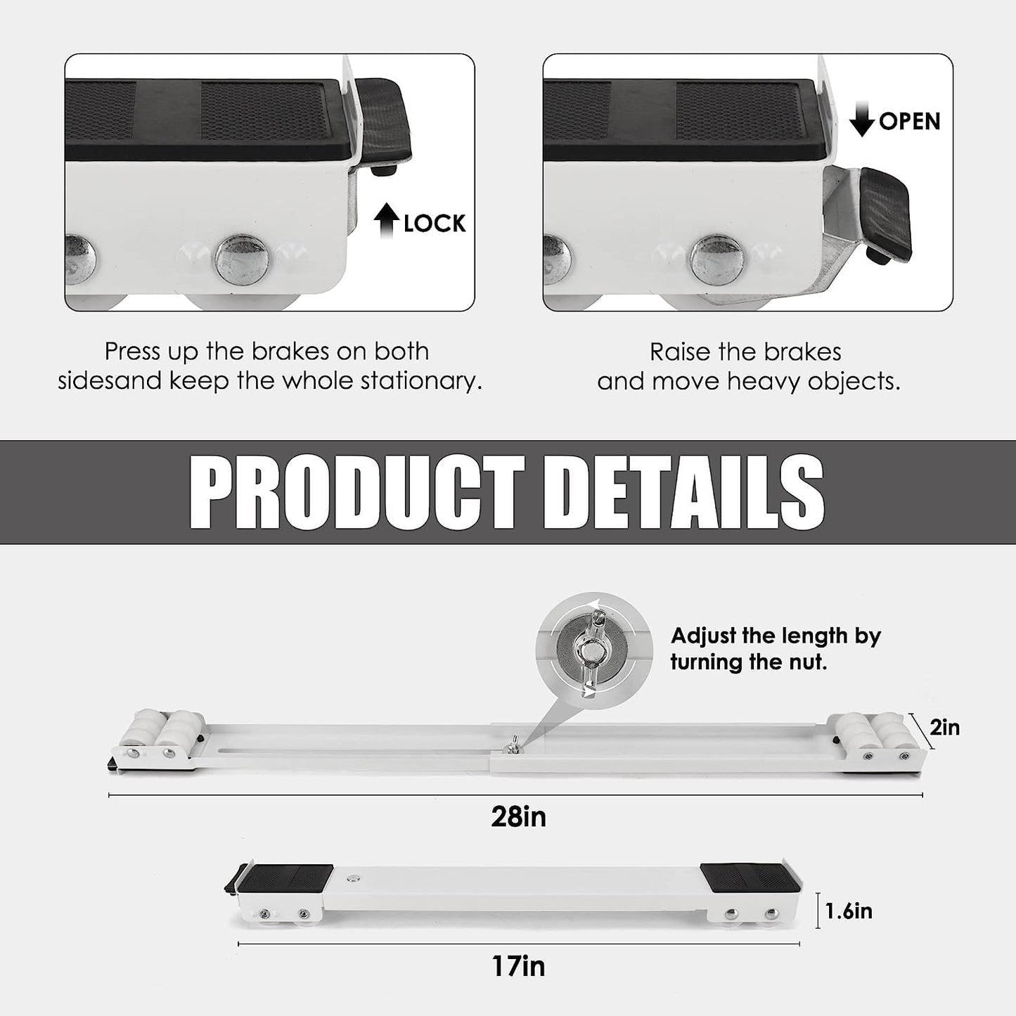 Heavy Duty Furniture Appliances Rollers, Extensible Washing Machine Base Mobile Wheels for Refrigerators, Dryers, Dishwashers and other Heavy Objects, Non-Slip, White