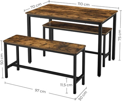 Vasagle Dining Table With 2 Benches, 3 Pieces Set, Kitchen Table Of 110 X 70 X 75 Cm, 2 Benches Of 97 X 30 X 50 Cm Each, Steel Frame, Industrial Design, Rustic Brown And Black Kdt070B01