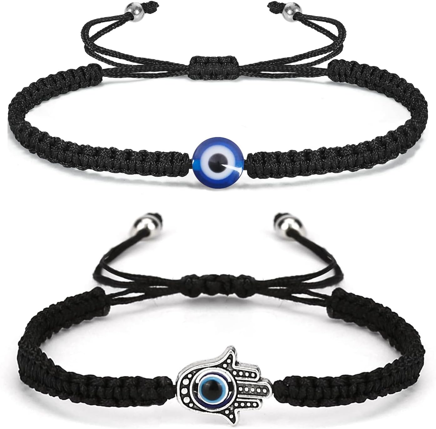 HEXXEE Amzuia 2 Pcs Evil Eye Bracelet, Handmade Adjustable Lucky Protection Bracelet for Women Men Teen Boys Girls - Black