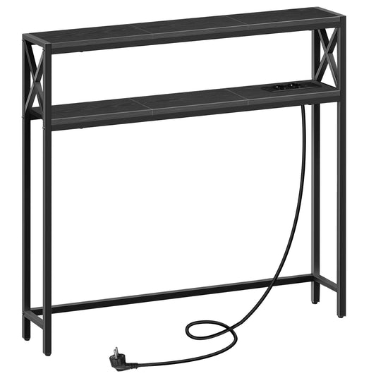 MAHANCRIS 100cm 2 Tier Entrance Table, Console Table with USB Sockets and Ports, Hallway Table with Storage Shelves, for Hallway, Living Room, Bedroom, Entrance, Black ACTHB115UE01