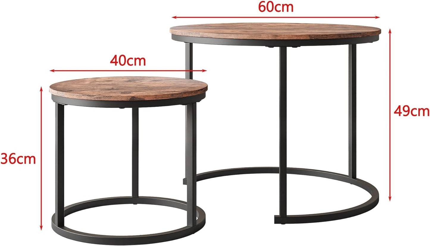 HOJINLINERO Nesting Round Coffee Table Set of 2 End Tables for Living Room,Grey Coffee Table Wooden Accent Furniture with Metal Frame,Stacking Side Tables,Black+Warm Grey