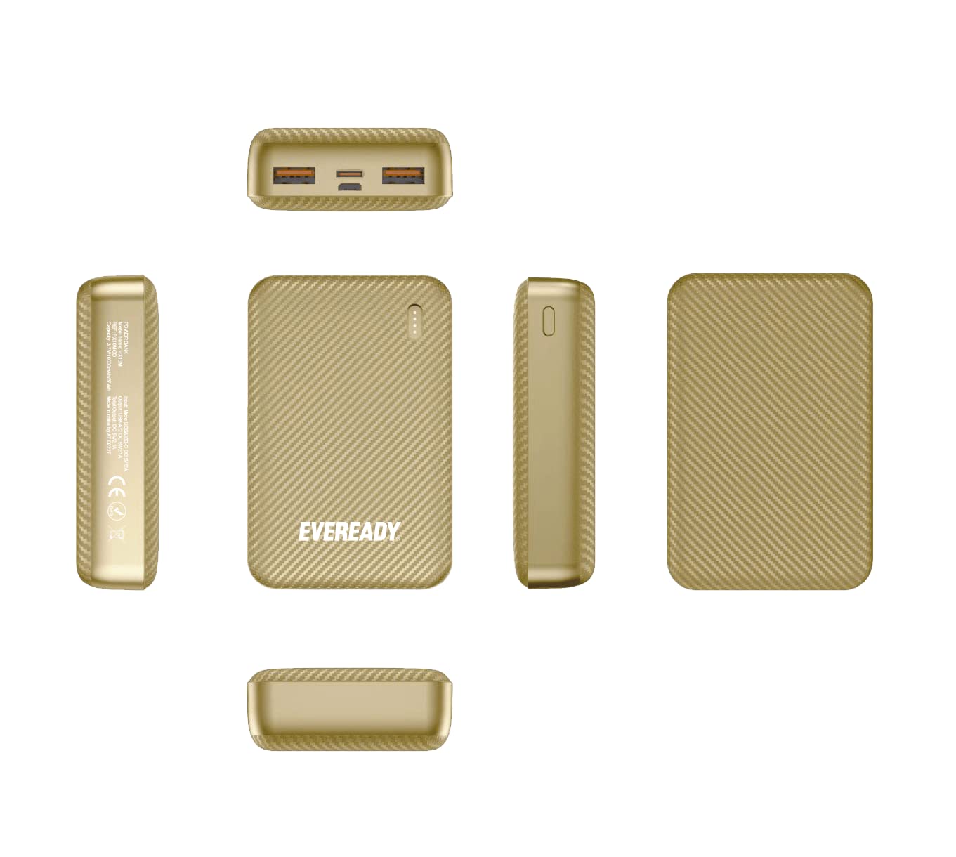 Energizer Eveready Fast Charger Portable Power Bank Mini 10000mAh - Compact Battery w/Charge Indicator, 1x USB-C, 1x Micro USB, 2x USB-A, for Apple iPhone, iPad, Airpods, Android, Samsung - Gold - CaveHubs