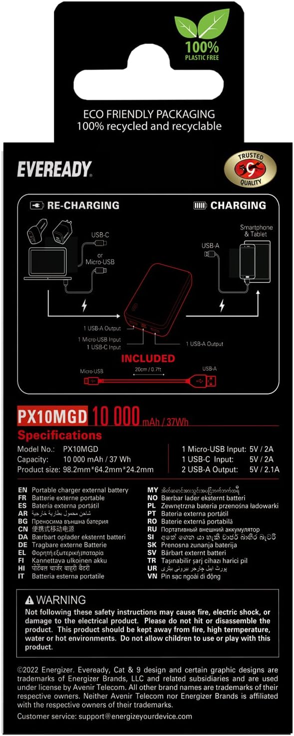 Energizer Eveready Fast Charger Portable Power Bank Mini 10000mAh - Compact Battery w/Charge Indicator, 1x USB-C, 1x Micro USB, 2x USB-A, for Apple iPhone, iPad, Airpods, Android, Samsung - Gold - CaveHubs