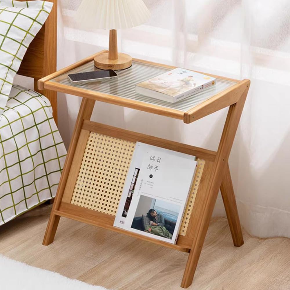 Makeup Toy Bamboo and Rattan Harmony: Modern Z-Shaped Nightstand with Glass Top - Stylish and Practical Accent Furniture for Bedroom and Living Room. Perfect for Small Spaces, Apartments.