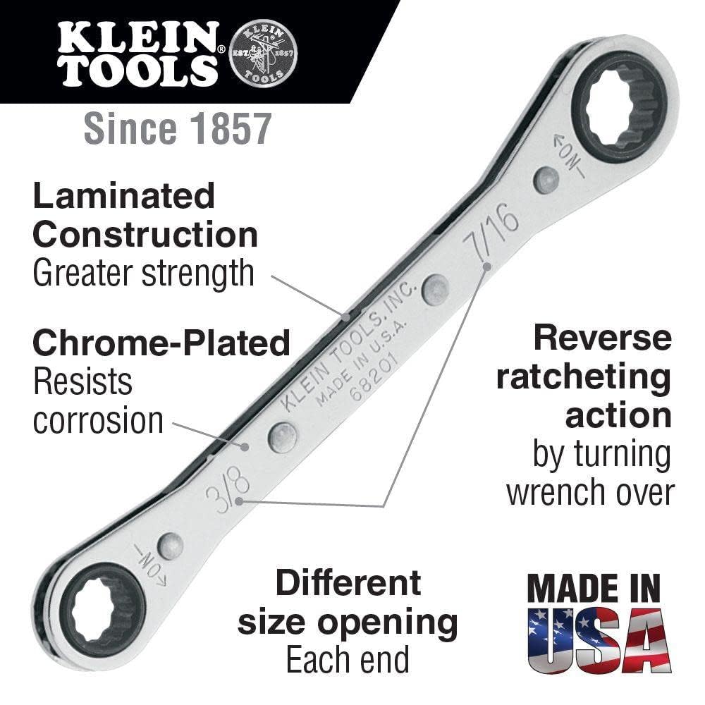 Klein Tools 68206 Ratcheting Box Wrench 13/16-Inch x 7/8-Inch with Reverse Racheting and Chrome Plated Finish