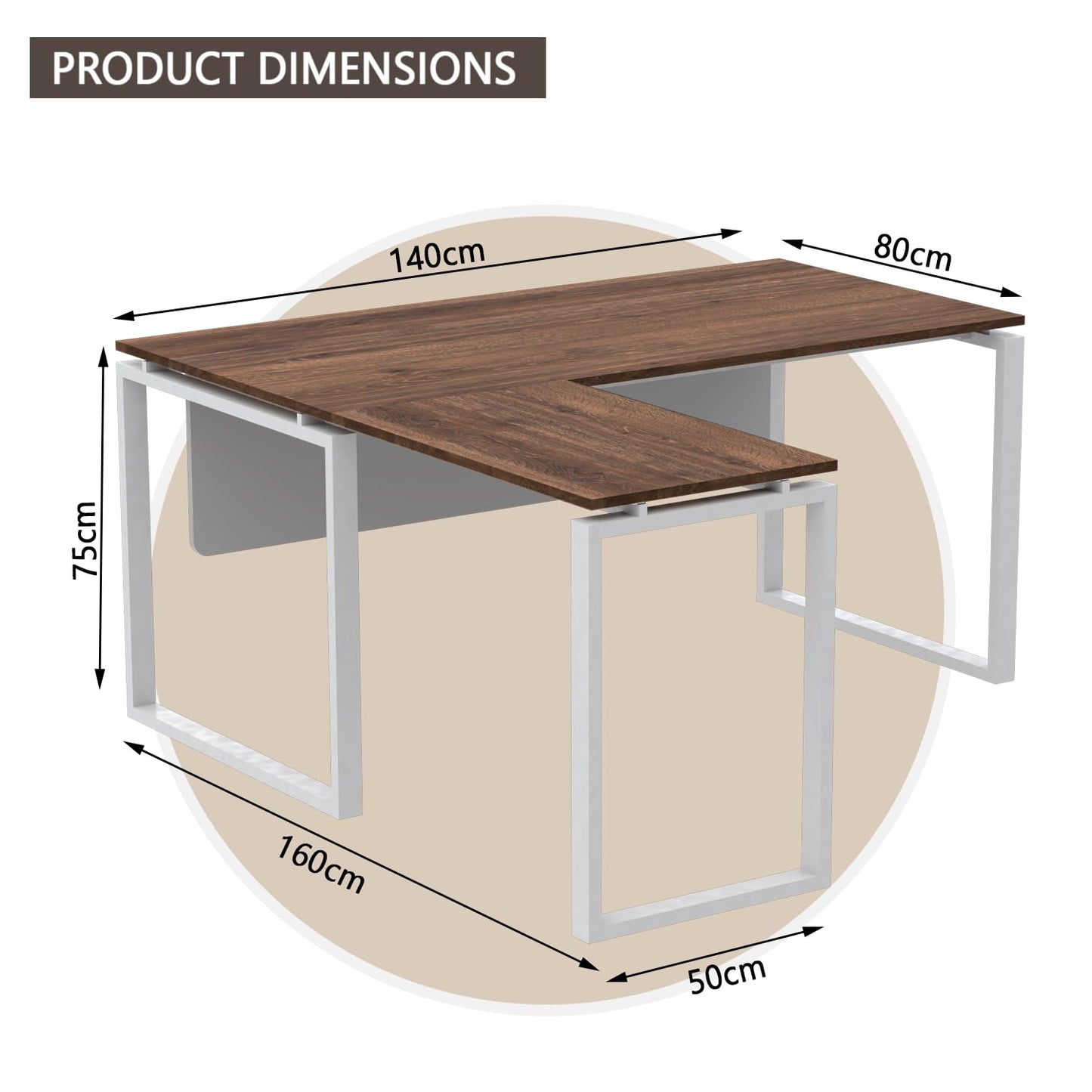 Mahmayi Carre Modern Workstation- Office Furniture with Steel Square Metal Legs, Silver Modesty Panel, Wood 3 Drawer Mobile Storage Unit, Tempered Glass Top for Office Executives, Home (140CM, White)