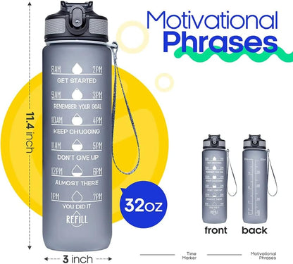 Illys Plastic Water Bottle, 1L / 32oz with Motivational Time Marker (Multi colour)