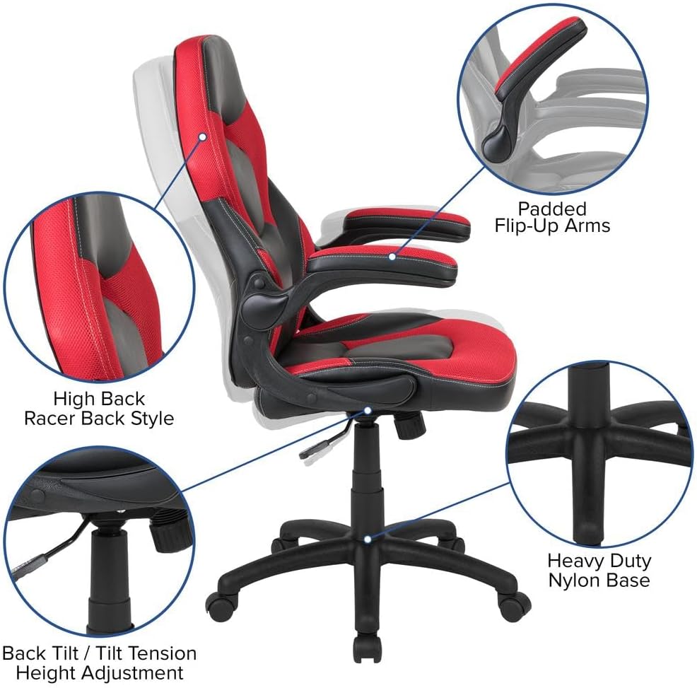 Flash Furniture X10 Gaming, Racing Office Ergonomic Computer PC Adjustable Swivel Chair with Flip-up Arms, Gray/Black LeatherSoft