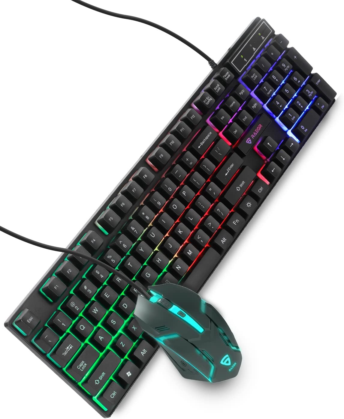 RAEGR RapidGear X30 Wired Rainbow Backlight Keyboard and 1200 dpi Mouse Set, LED Backlit, Floating Keycaps with Breathing Lights Effect, Plug and Play | Compatible with PC/Laptop/Mac - Black RG10471