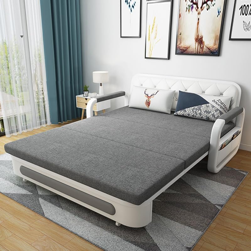 Organized Home Pull-Out Foldable Sofa Bed with Storage Space Double-Seat Multi-Functional Sofa, Modern Style Living Room and Bedroom Comfortable Sofa Bed Chair (1.58m) (Light Grey)