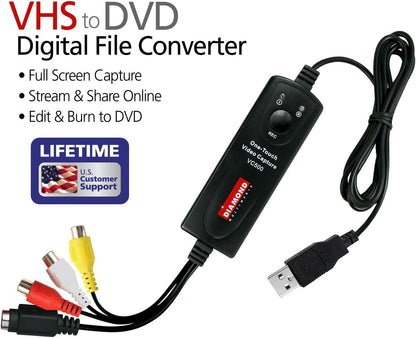 Diamond Multimedia Diamond Vc500 Usb 2.0 One Touch Vhs To Dvd Video Capture Device With Easy To Use Software, Convert, Edit And Save To Digital Files For Win7, Win8 And Win10, One Size