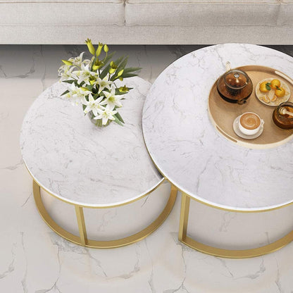 Coffee Tables for Living Room, Double-Layered Square End Side Tables Sofa Table, Modern Marble Nesting Table with Metal Frame Legs Set of 2 (White+square+Golden frame)