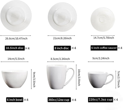 22-Piece White Ceramic Dinnerware & Coffee Set – 10.5 Inch & 8 Inch Plates, 6 Inch Coffee Saucers, 6 Inch Bowls, 12 oz Mugs, 7.3 oz Cups – Microwave, Dishwasher, Oven Safe – Modern Minimalist Tablewar