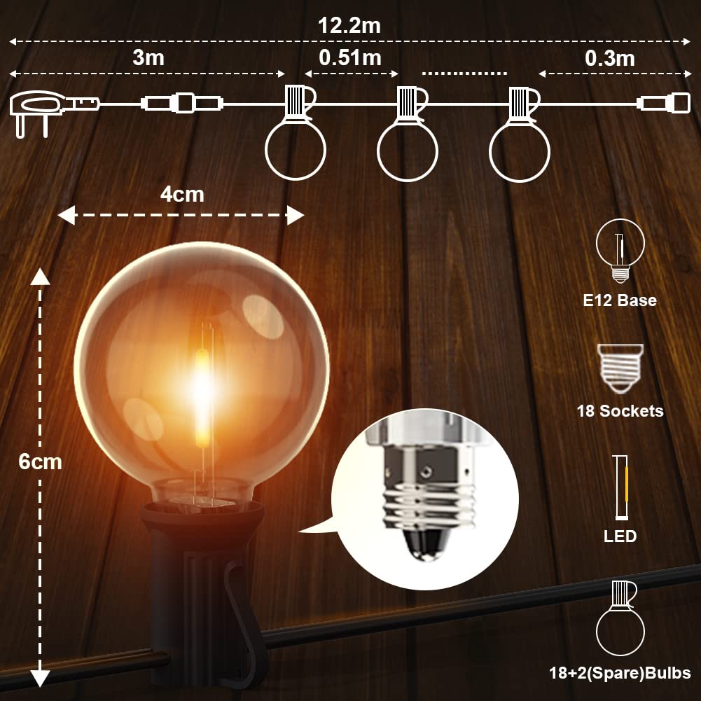 Romwish Solar String Lights Outdoor, 15M/50FT G40 Solar Hanging Decorative String Light, 4 Light Modes Outside Light Waterproof, 2400mAh,Garden, Wedding, Party Patio(Warm White)