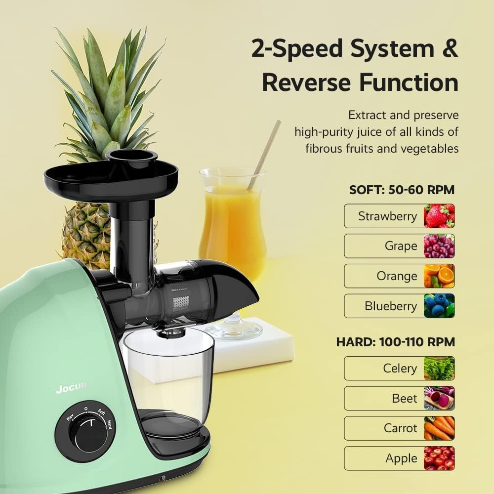 Jocuu Slow Masticating Juicer with Soft/Hard Modes Easy to Clean Quiet Motor & Reverse Function, Cold Press Juicer for Fruit & Vegetable, 90% Juice Yield, with Brush & Recipes (Gray)