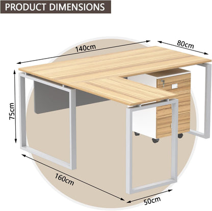 Mahmayi Carre Modern Workstation- Office Furniture with Steel Square Metal Legs, Silver Modesty Panel, Wood 3 Drawer Mobile Storage Unit, Tempered Glass Top for Office Executives, Home (140CM, White)