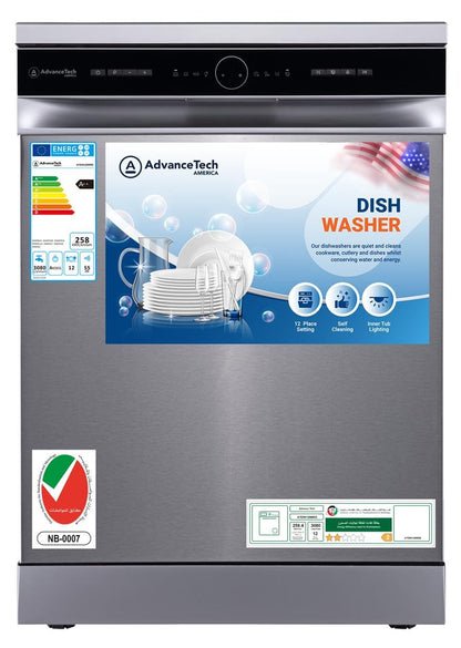 AdvanceTech America Free Standing Dishwasher 12 Place Settings, 6 Programs, 2 Rack Levels, Energy Efficiency A++, Quiet -Silver Stainless Steel - ATDW126MSS -1 Year Warranty