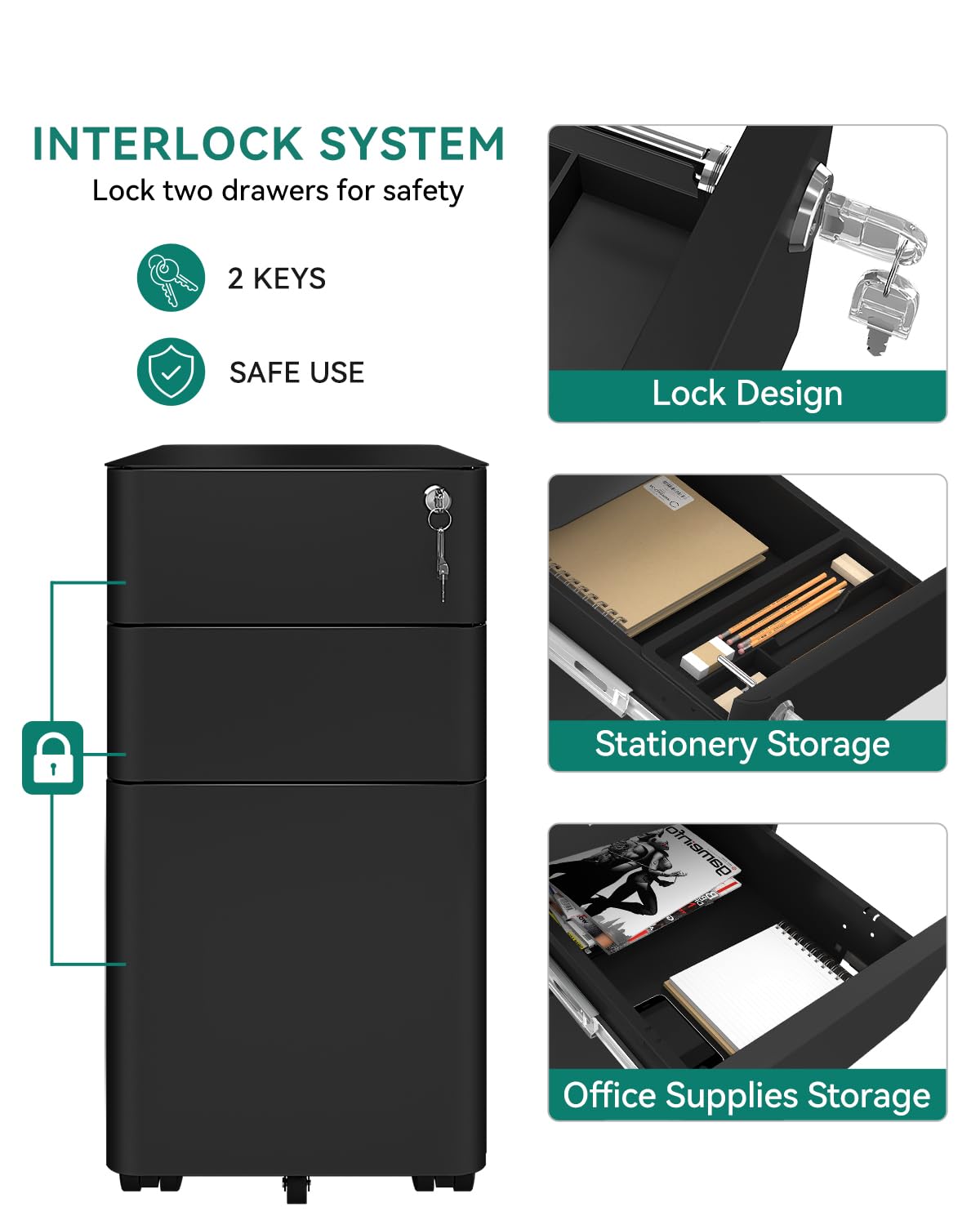 YITAHOME Fully Assembled Metal File Cabinet with 3 Lockable Drawers, Mobile Filing Cabinet for Home Office, Under Desk File Office Drawers for Letter/Legal/A4, Black, 30 x 46 x 59cm