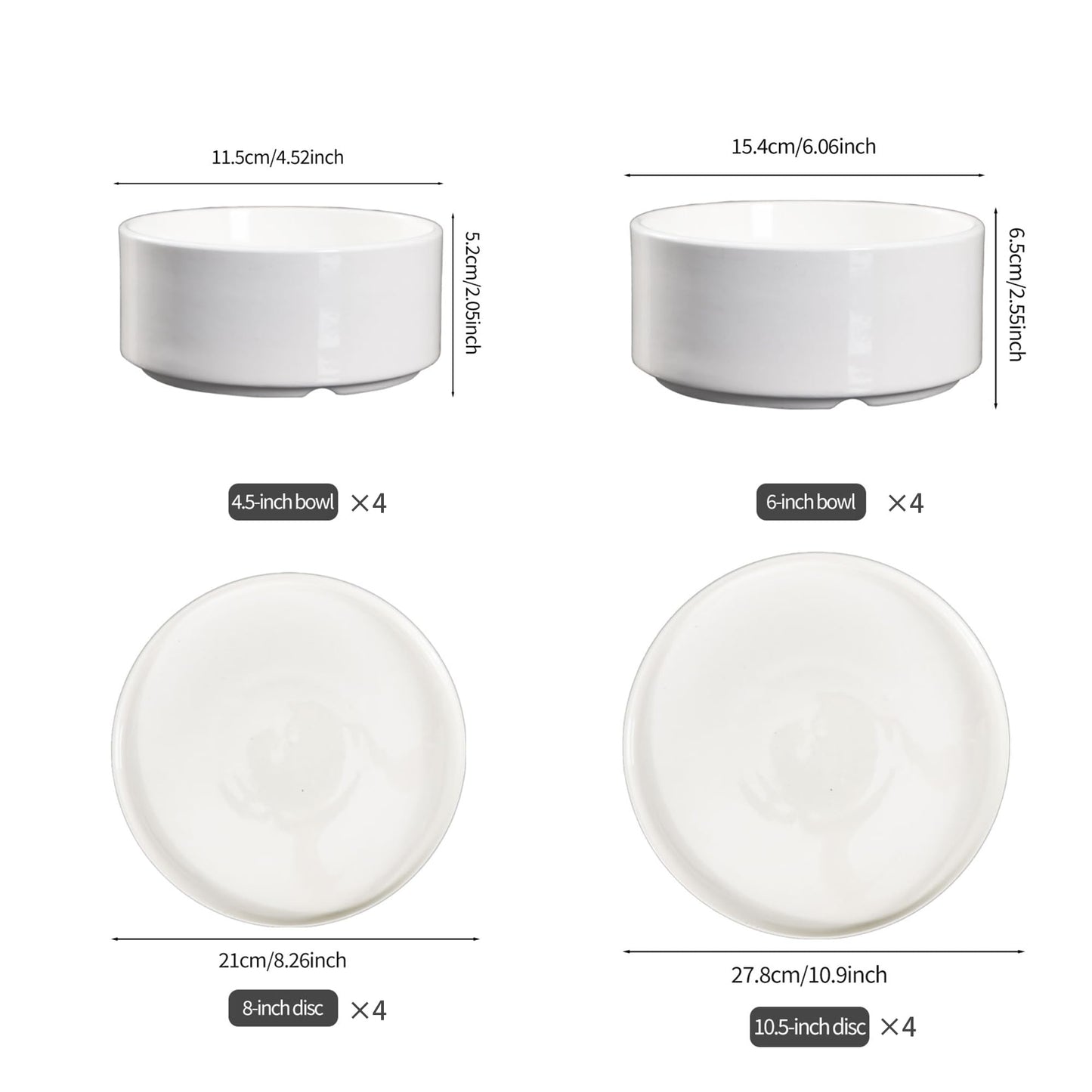 Techplus 16-Piece White Ceramic Dinnerware Set – 10.5-Inch & 8-Inch Plates, 6-Inch & 4.5-Inch Bowls – Microwave, Dishwasher, Oven Safe – Modern Minimalist Design for Dining, Serving, and Entertaining