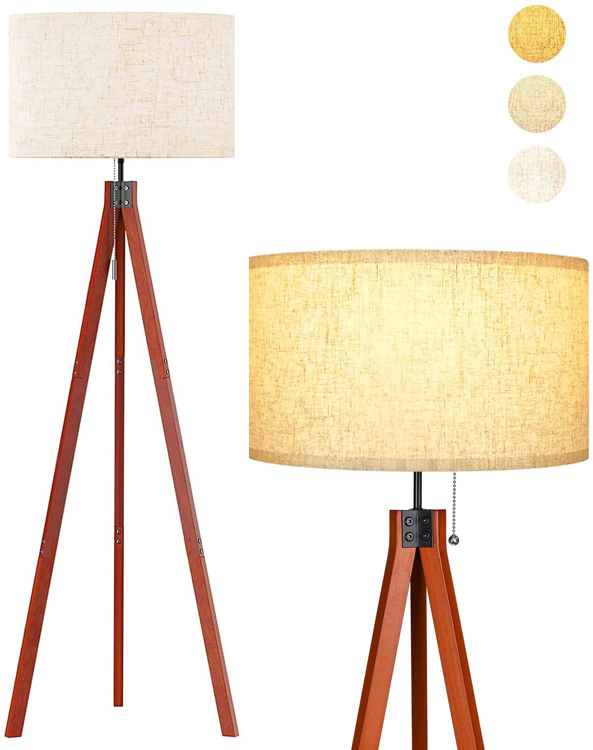 WAMBORY مصباح ارضي, Wood Tripod Floor Lamp, Mid Century Standing Lamp, Modern Design Studying Light for Living Room, Bedroom, Study Room and Office, Floor Lamp Shade with E26 Lamp Base