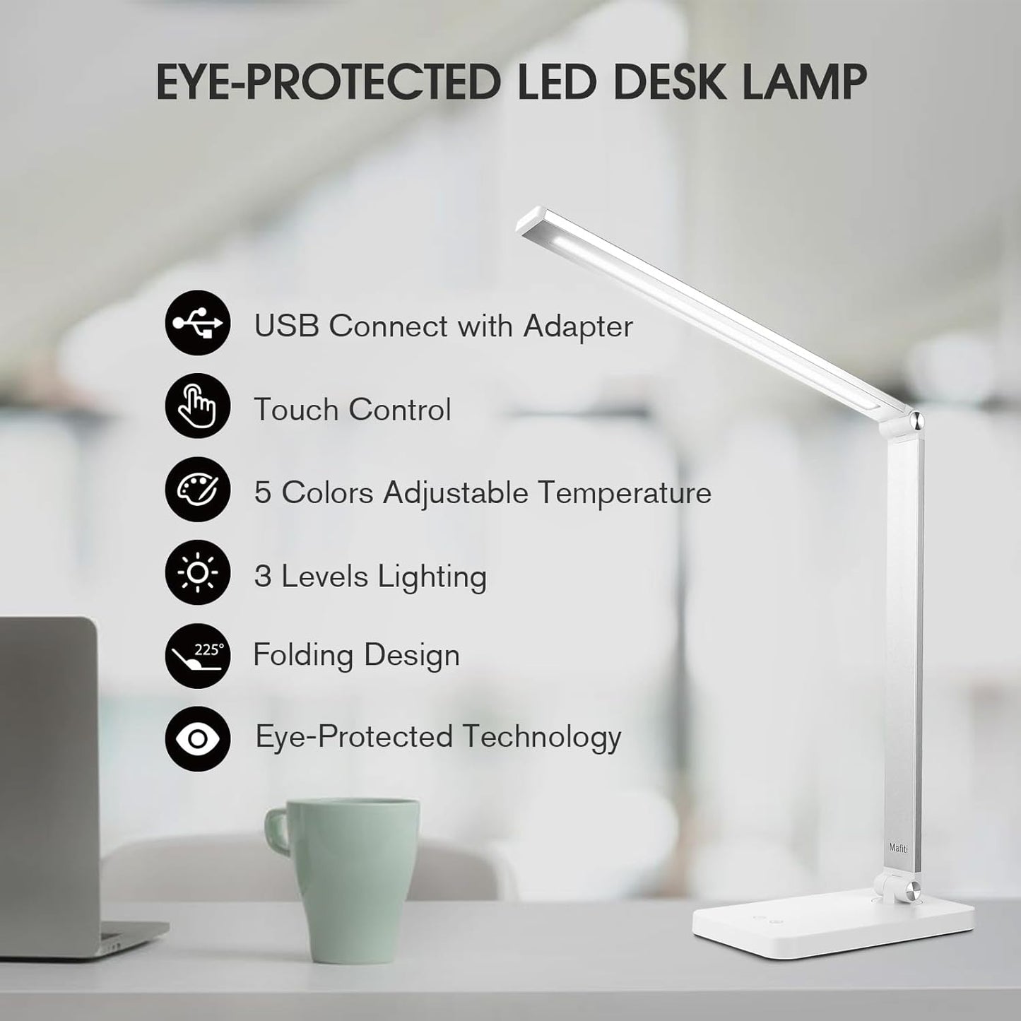 mafiti LED Desk Lamp, Aluminum Daylight Lamp Touch Control,Eye-Caring Dimmable Foldable Table Lamp for Back to School,Office,Bedroom,Working,Reading,Gift (white)