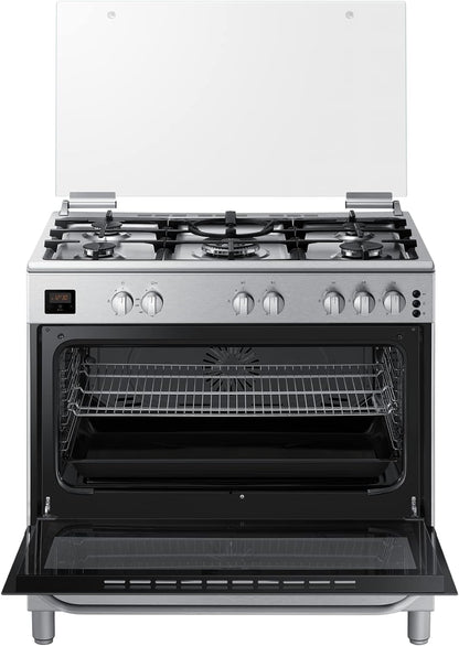 Samsung 90cm x 60cm Gas Cooker with Oven Thermostat, 89L, 4.5 kW Triple Power Burner, Auto Turnspit, 3 Touch Control Digital Reminder, Silver